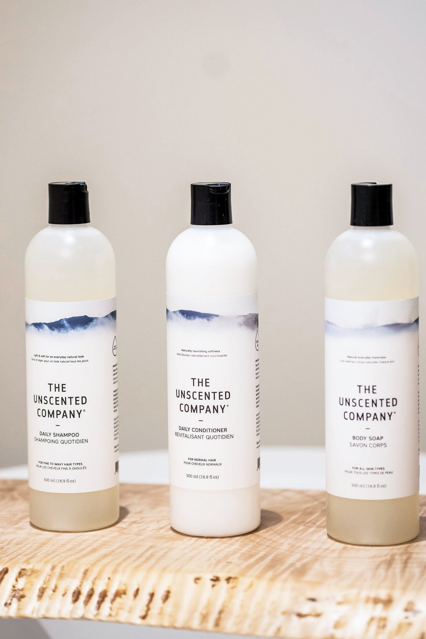 Close-up view of The Unscented Company Shampoo, Conditions and Body Soap.
